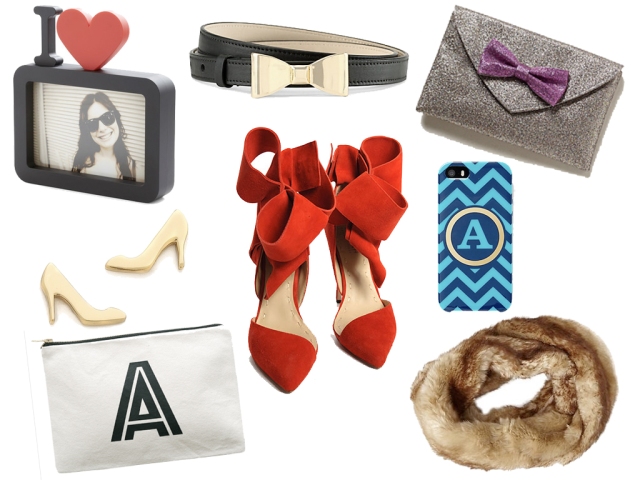 holiday gift guide, glitter bow clutch, red bow heels, monogram clutch, monogram phone case, faux fur scarf, kate spade show earrings